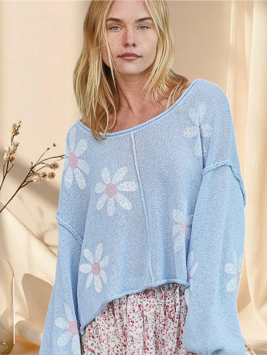 POL Sweaters - POL Sky Blue Daisy Print Sweater